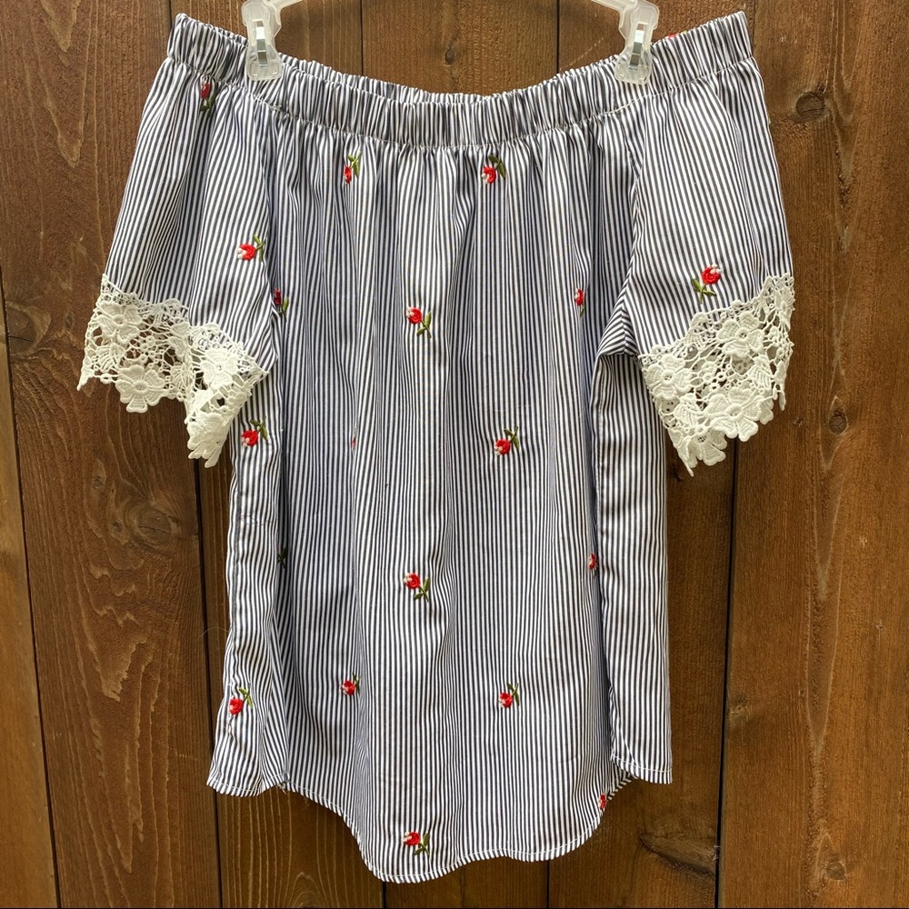 Kontrol striped off-the-shoulder blouse with rose embroidery and lace accent